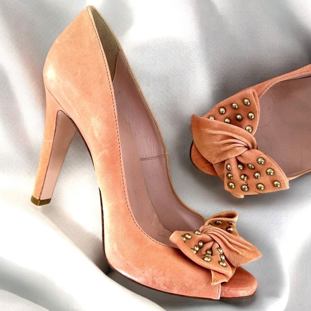 NEW Red Valentino Coral Pink Leather Bow Open Toe Pumps Size 39 Heels